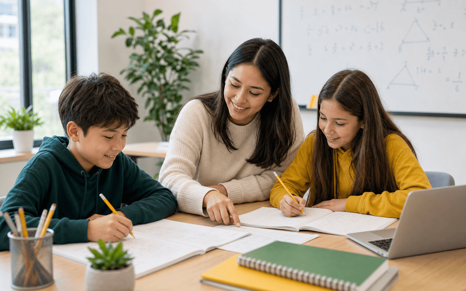 Tutor guiding two students through math work in a bright studio.